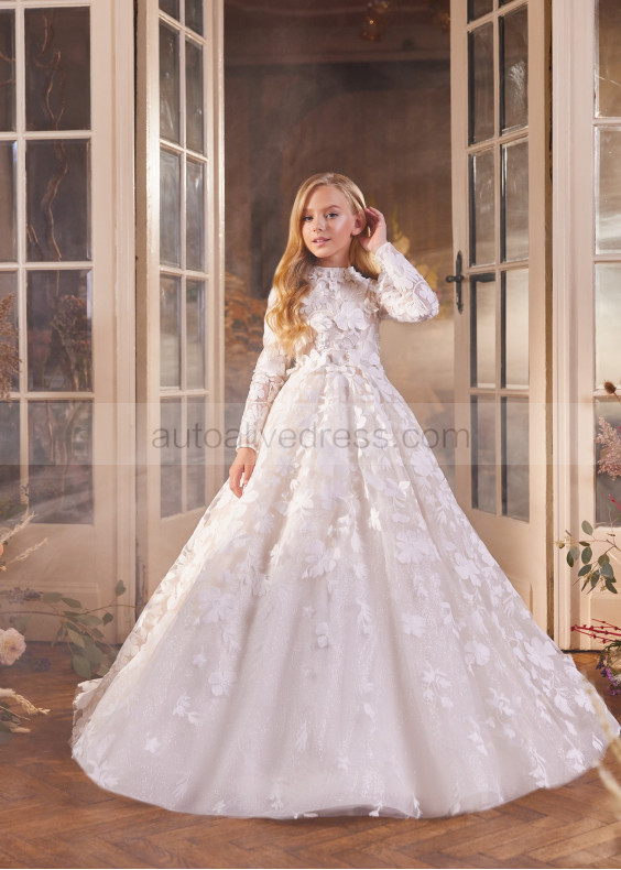 Long Sleeves Beaded Ivory Lace Tulle Floral Flower Girl Dress